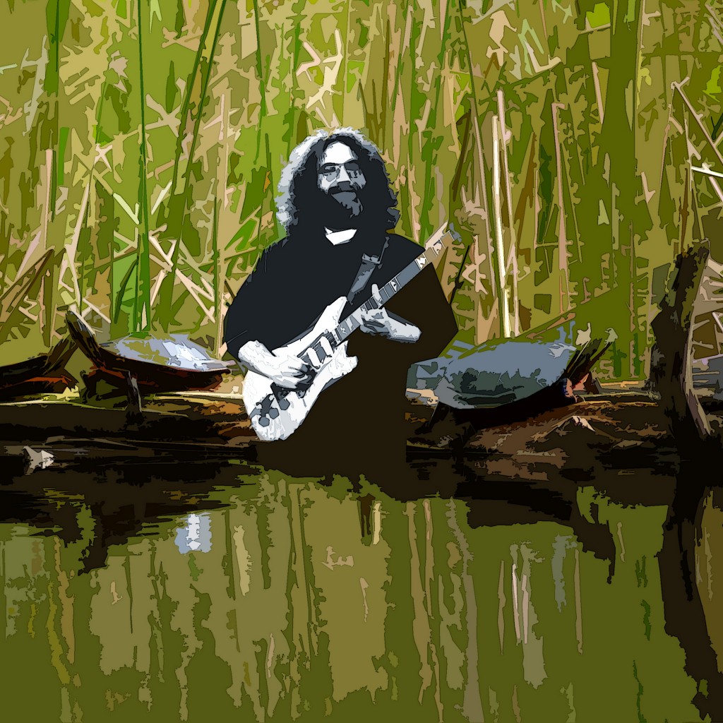 JERRY GARCIA PLAYED LIVE FOR A BUNCH OF TURTLES RECENTLY AT TERRAPIN LAKE. PHOTO ART BY BEN UPHAM. MAGICAL MOMENT PHOTOS.