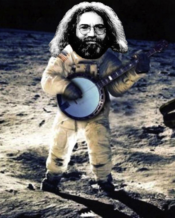 JERRY GARCIA STANDING ON THE MOON. PHOTO ART BY BEN UPHAM. MAGICAL MOMENT PHOTOS.